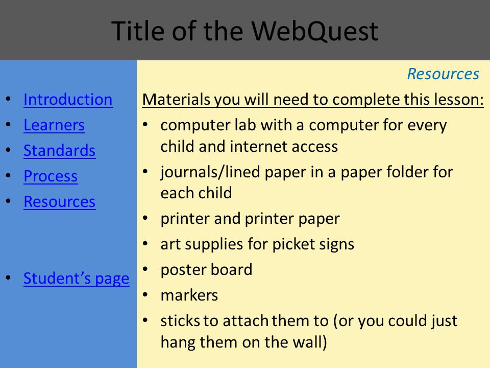 Title of the WebQuest Resources Materials you will need to complete this lesson: computer lab with a computer for every child and internet access journals/lined paper in a paper folder for each child printer and printer paper art supplies for picket signs poster board markers sticks to attach them to (or you could just hang them on the wall) Introduction Learners Standards Process Resources Student’s page