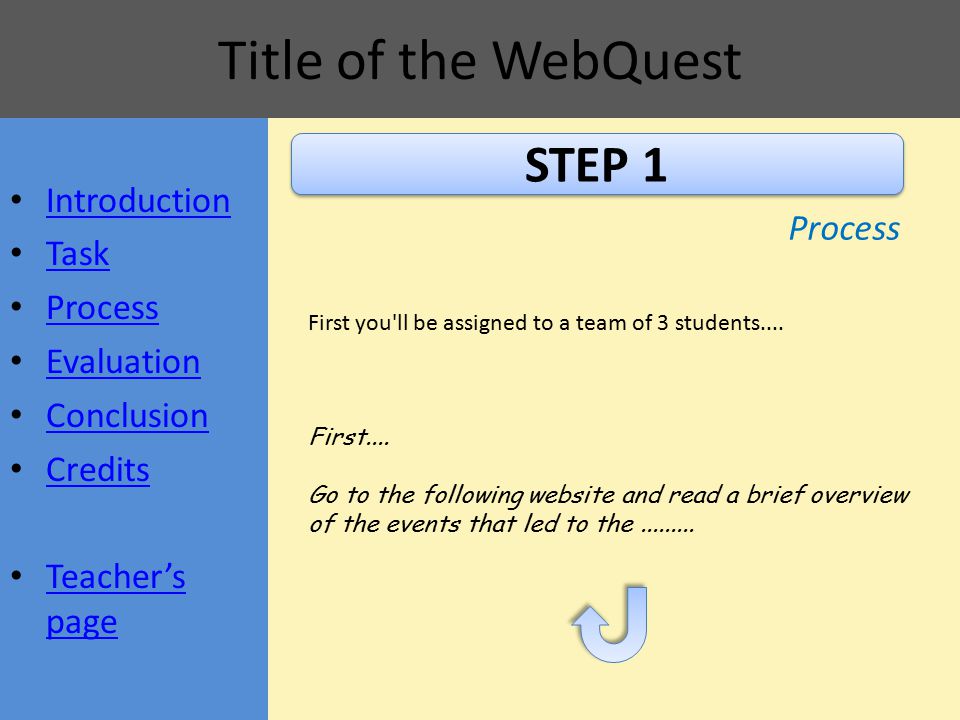 Title of the WebQuest STEP 1 Process First you ll be assigned to a team of 3 students....