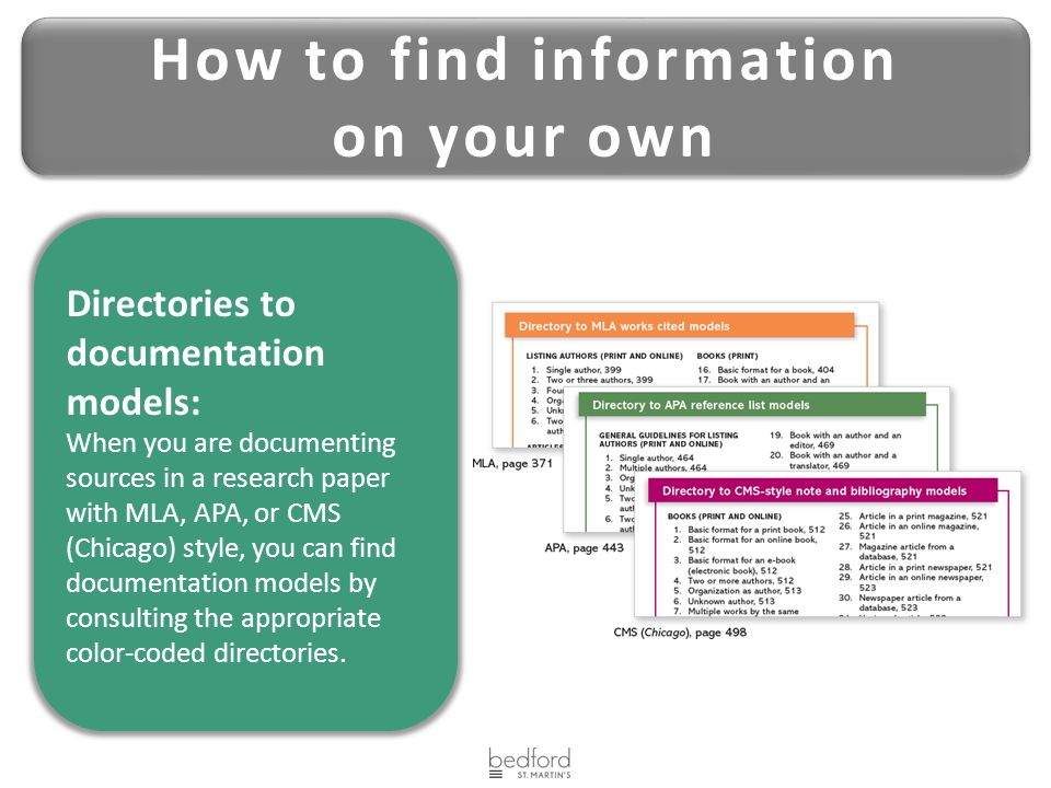 Directories to documentation models: When you are documenting sources in a research paper with MLA, APA, or CMS (Chicago) style, you can find documentation models by consulting the appropriate color-coded directories.
