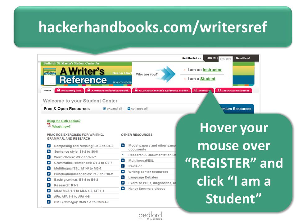hackerhandbooks.com/writersref Hover your mouse over REGISTER and click I am a Student