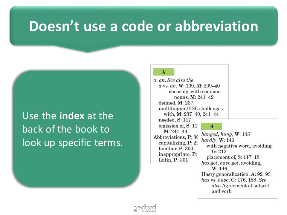 Use the index at the back of the book to look up specific terms. Doesn’t use a code or abbreviation
