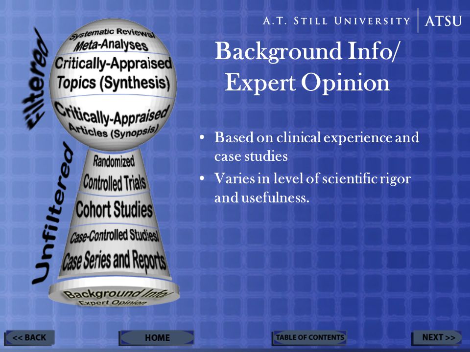 Background Info/ Expert Opinion Based on clinical experience and case studies Varies in level of scientific rigor and usefulness.