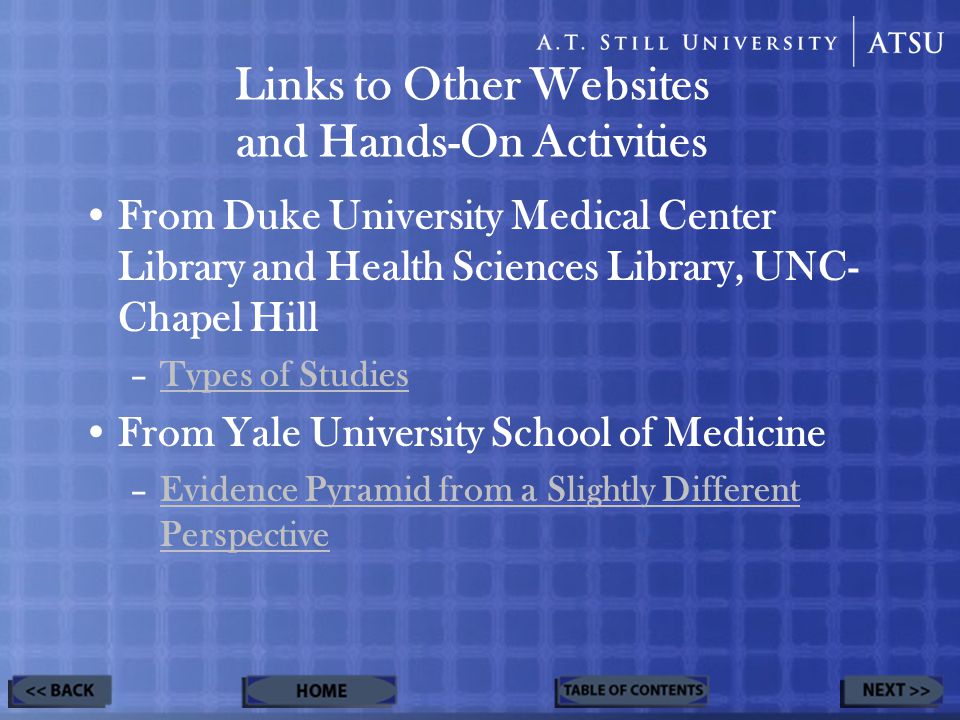 Links to Other Websites and Hands-On Activities From Duke University Medical Center Library and Health Sciences Library, UNC- Chapel Hill –Types of StudiesTypes of Studies From Yale University School of Medicine –Evidence Pyramid from a Slightly Different PerspectiveEvidence Pyramid from a Slightly Different Perspective