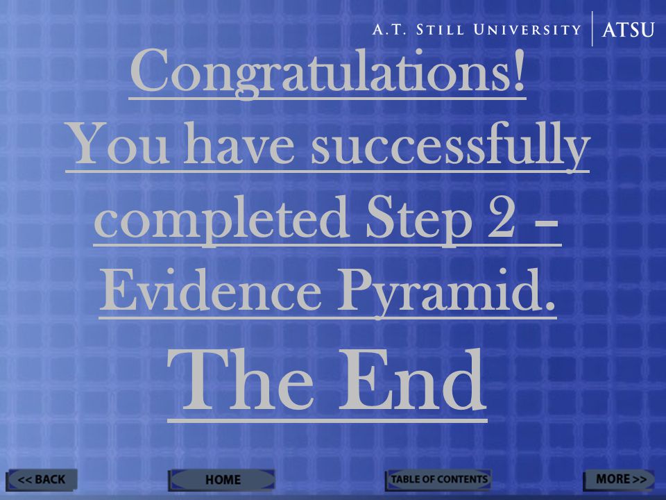 Congratulations! You have successfully completed Step 2 – Evidence Pyramid. The End