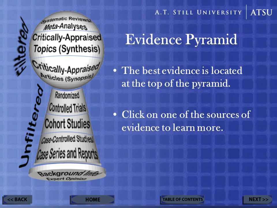 Evidence Pyramid The best evidence is located at the top of the pyramid.