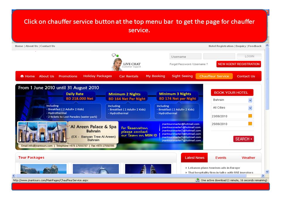 Click on chauffer service button at the top menu bar to get the page for chauffer service.