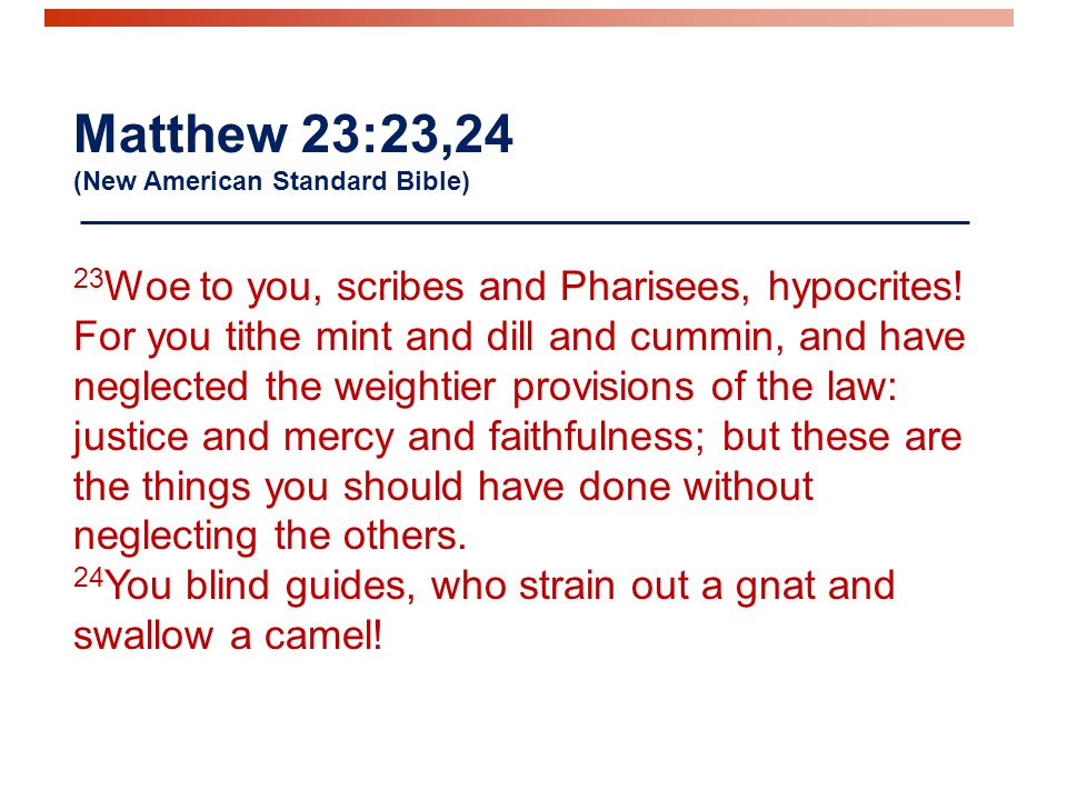 Matthew 23:23,24 (New American Standard Bible) 23 Woe to you, scribes and Pharisees, hypocrites.