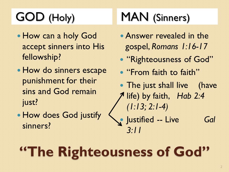 The Righteousness of God GOD (Holy) MAN (Sinners) How can a holy God accept sinners into His fellowship.