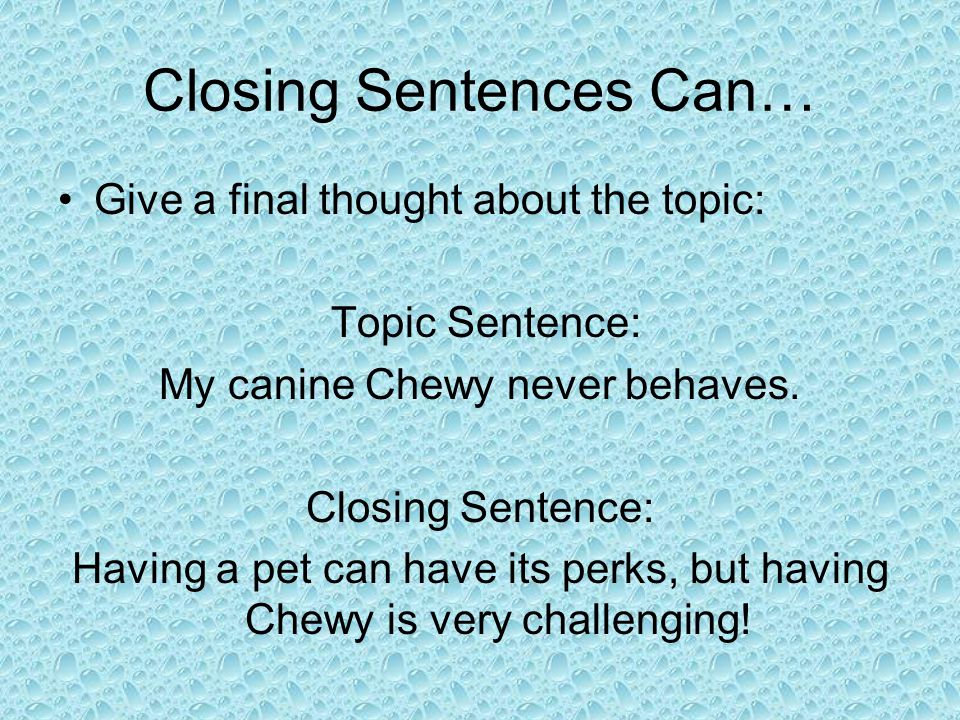 Closing Sentences Can… Give a final thought about the topic: Topic Sentence: My canine Chewy never behaves.