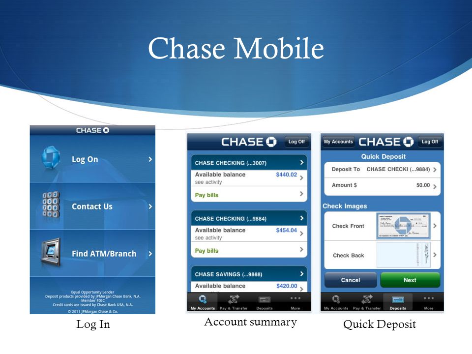 Chase Mobile Log In Account summary Quick Deposit