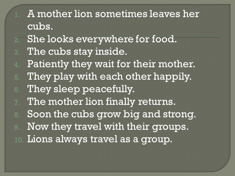 1. A mother lion sometimes leaves her cubs. 2. She looks everywhere for food.