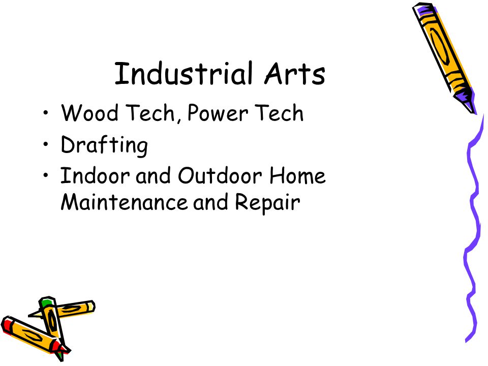 Industrial Arts Wood Tech, Power Tech Drafting Indoor and Outdoor Home Maintenance and Repair