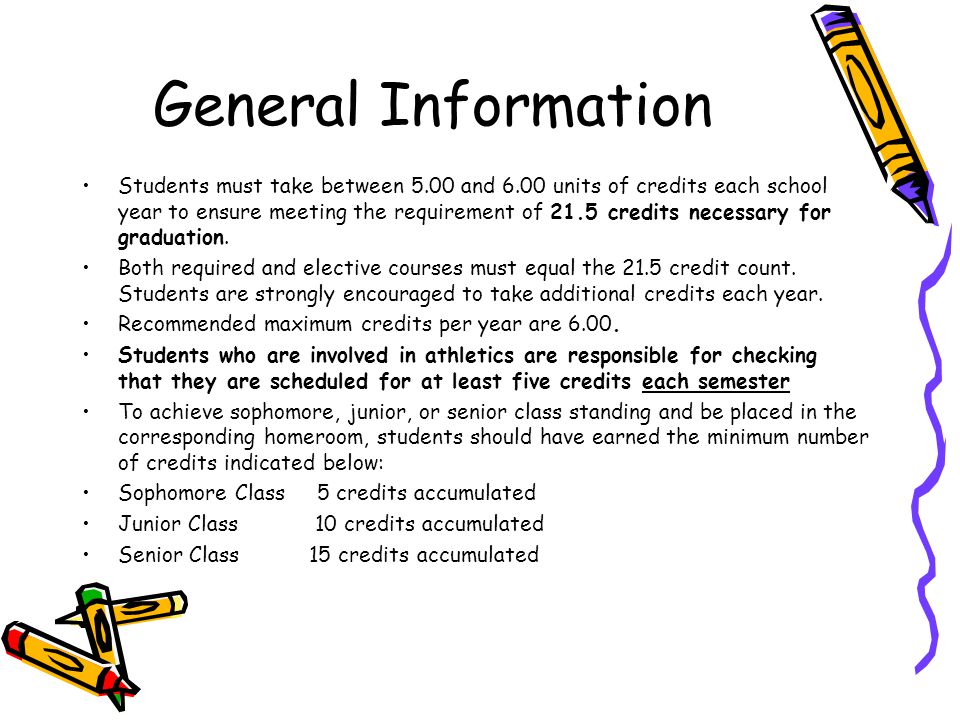 General Information Students must take between 5.00 and 6.00 units of credits each school year to ensure meeting the requirement of 21.5 credits necessary for graduation.