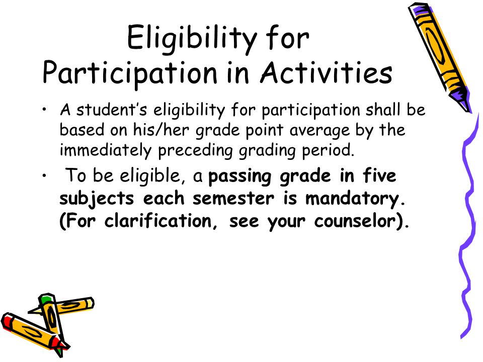 Eligibility for Participation in Activities A student’s eligibility for participation shall be based on his/her grade point average by the immediately preceding grading period.