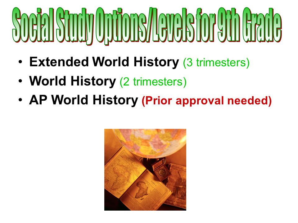 Extended World History (3 trimesters) World History (2 trimesters) AP World History (Prior approval needed)