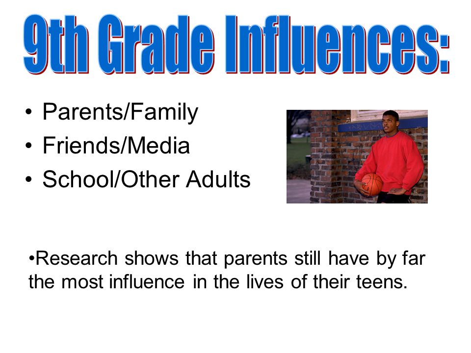 Parents/Family Friends/Media School/Other Adults Research shows that parents still have by far the most influence in the lives of their teens.