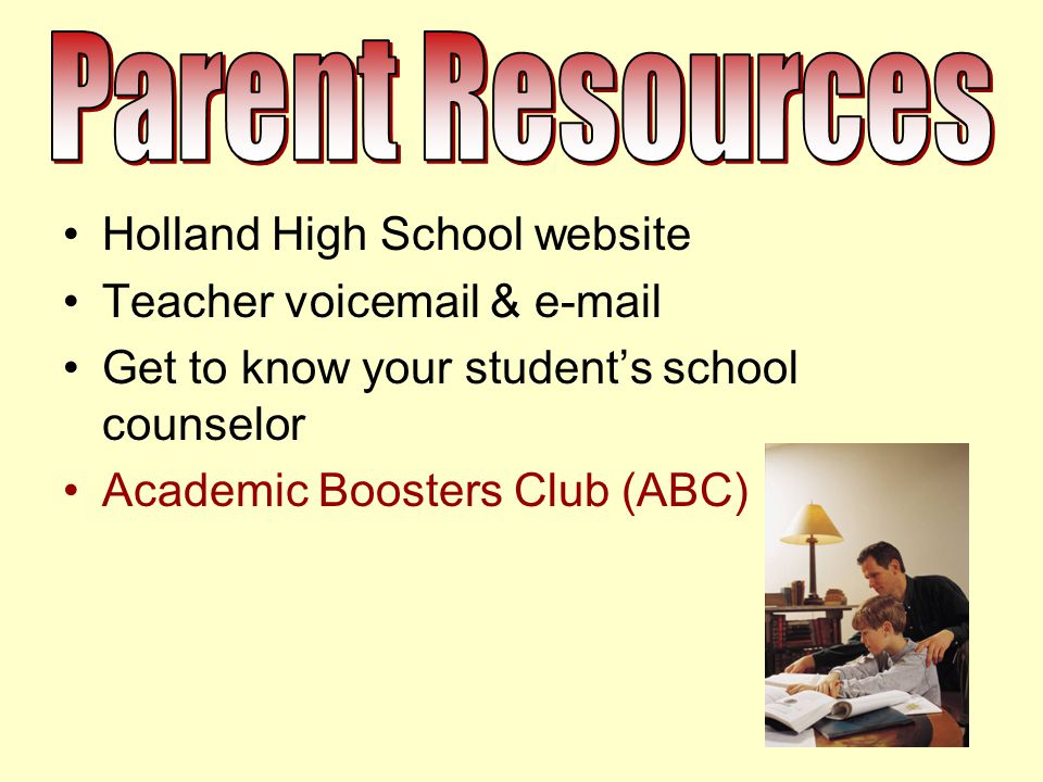 Holland High School website Teacher voic &  Get to know your student’s school counselor Academic Boosters Club (ABC)