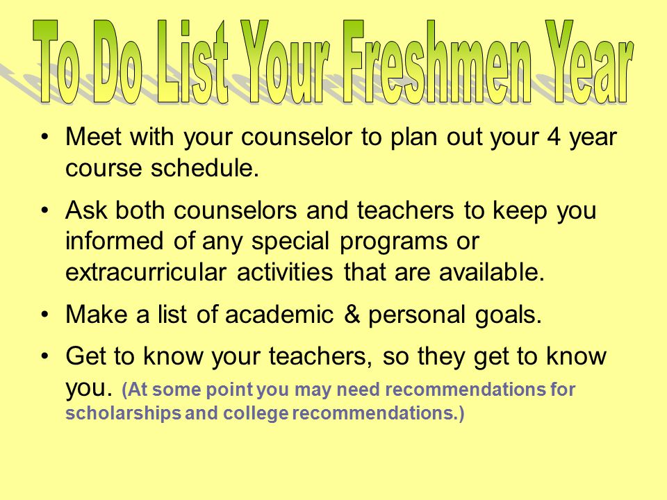 Meet with your counselor to plan out your 4 year course schedule.