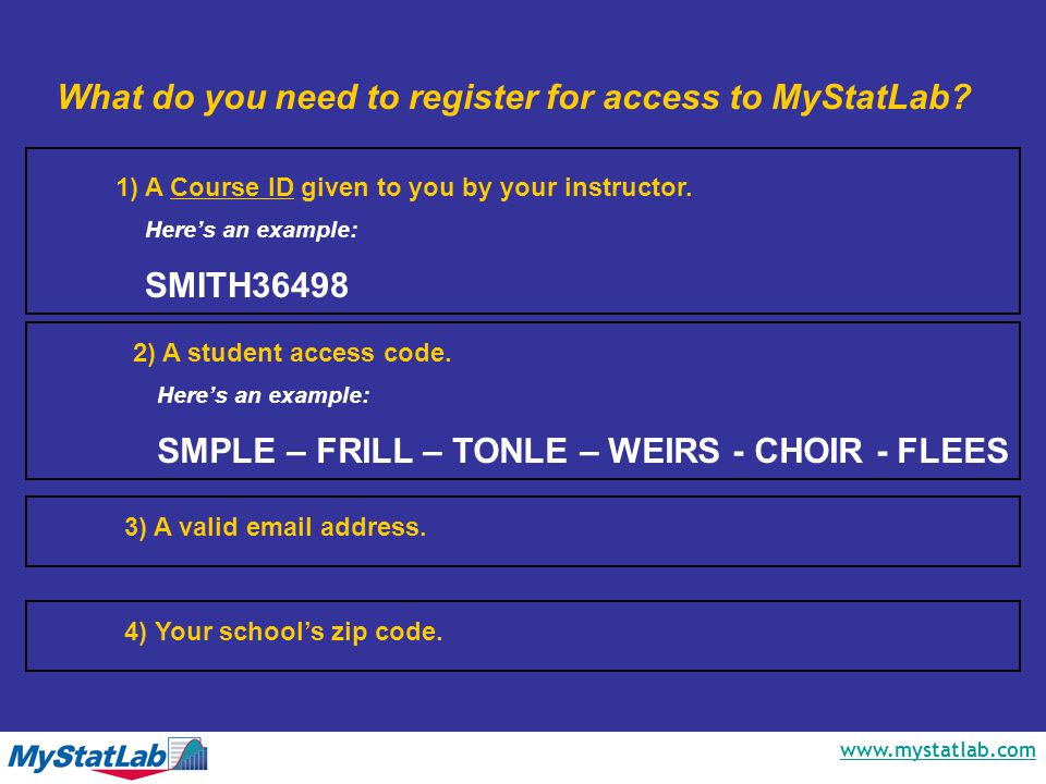 Here’s an example: SMPLE – FRILL – TONLE – WEIRS - CHOIR - FLEES Here’s an example: SMITH ) A Course ID given to you by your instructor.