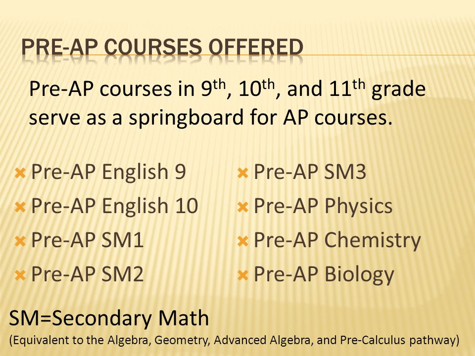  Pre-AP English 9  Pre-AP English 10  Pre-AP SM1  Pre-AP SM2  Pre-AP SM3  Pre-AP Physics  Pre-AP Chemistry  Pre-AP Biology Pre-AP courses in 9 th, 10 th, and 11 th grade serve as a springboard for AP courses.