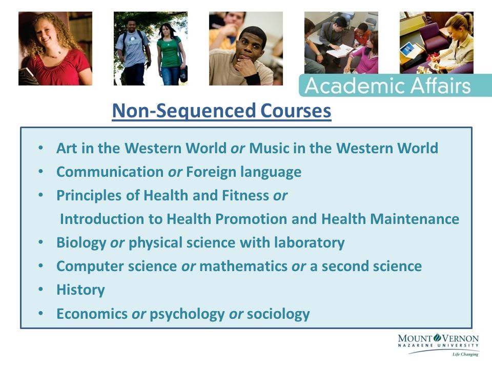 Art in the Western World or Music in the Western World Communication or Foreign language Principles of Health and Fitness or Introduction to Health Promotion and Health Maintenance Biology or physical science with laboratory Computer science or mathematics or a second science History Economics or psychology or sociology Non-Sequenced Courses