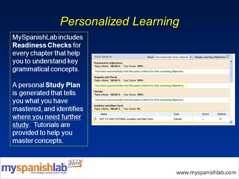 Personalized Learning MySpanishLab includes Readiness Checks for every chapter that help you to understand key grammatical concepts.