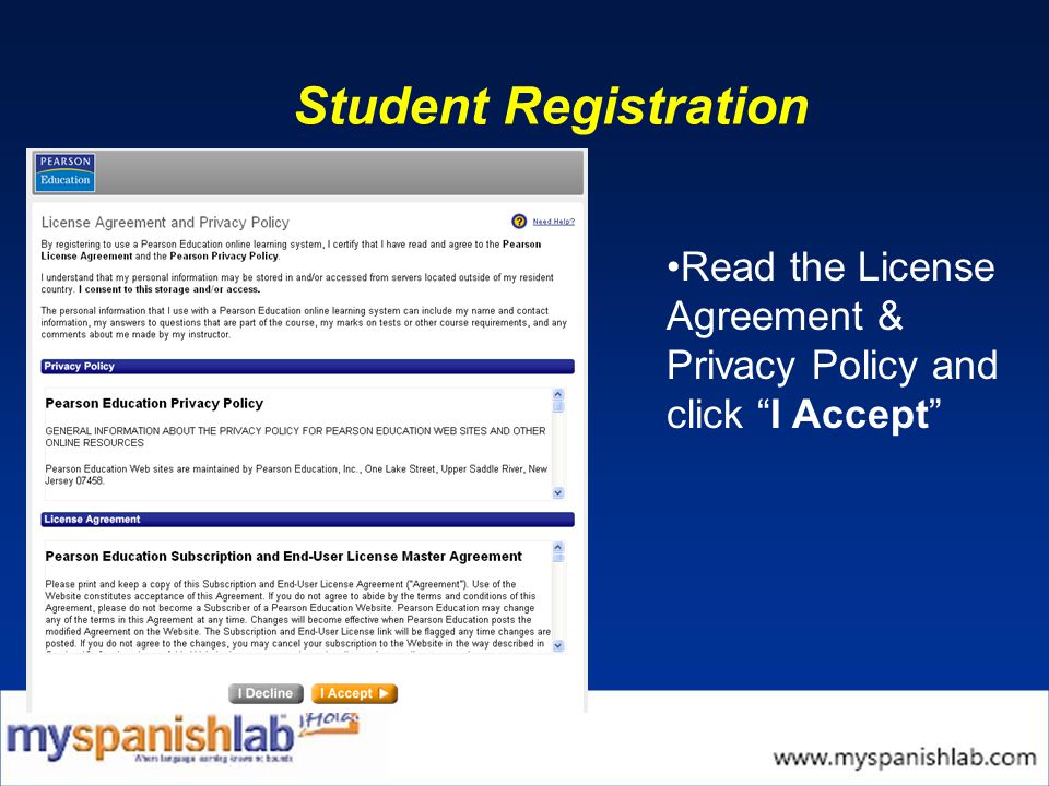 Student Registration Read the License Agreement & Privacy Policy and click I Accept
