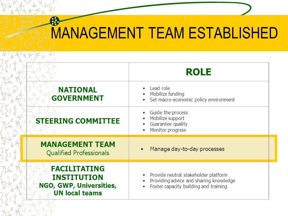 MANAGEMENT TEAM ESTABLISHED ROLE NATIONAL GOVERNMENT Lead role Mobilize funding Set macro-economic policy environment STEERING COMMITTEE Guide the process Mobilize support Guarantee quality Monitor progress MANAGEMENT TEAM Qualified Professionals Manage day-to-day processes FACILITATING INSTITUTION NGO, GWP, Universities, UN local teams Provide neutral stakeholder platform Providing advice and sharing knowledge Foster capacity building and training