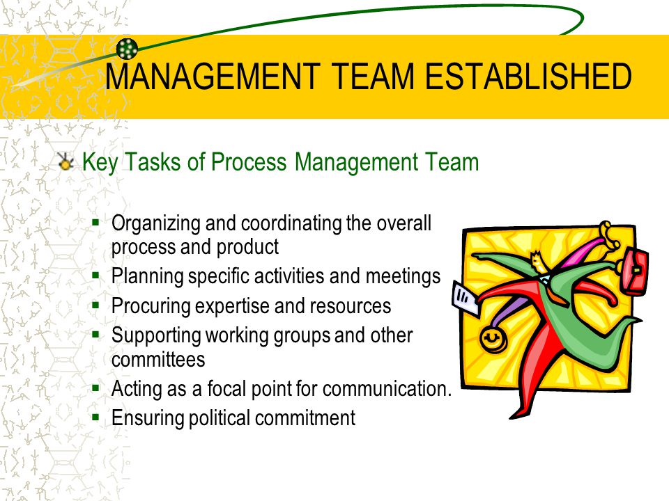 MANAGEMENT TEAM ESTABLISHED Key Tasks of Process Management Team  Organizing and coordinating the overall process and product  Planning specific activities and meetings  Procuring expertise and resources  Supporting working groups and other committees  Acting as a focal point for communication.