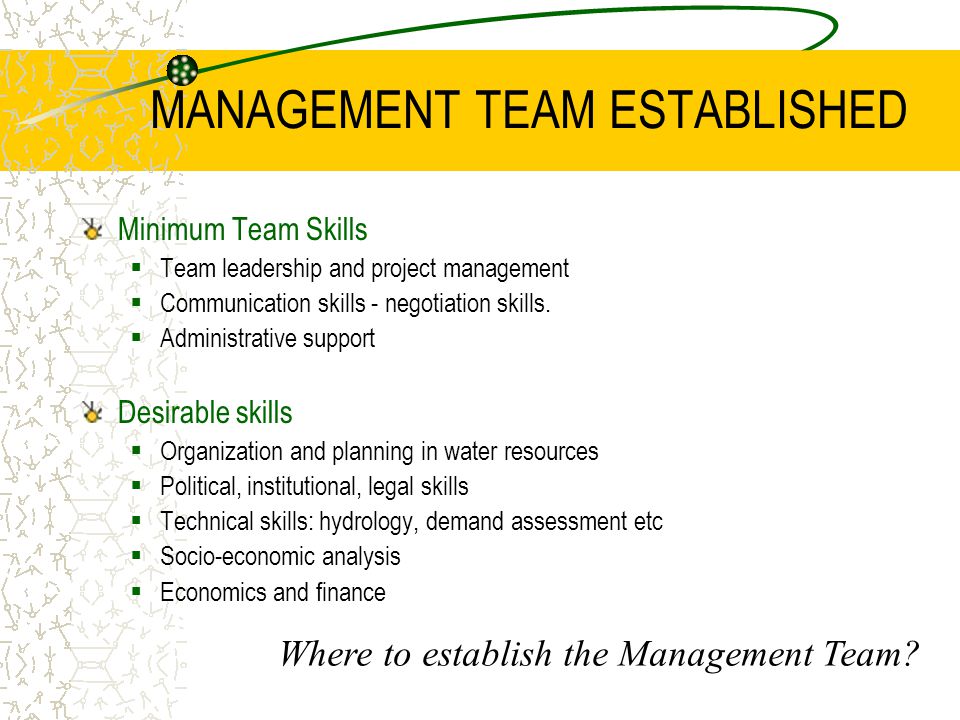 MANAGEMENT TEAM ESTABLISHED Minimum Team Skills  Team leadership and project management  Communication skills - negotiation skills.