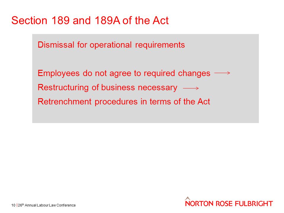 Section 189 and 189A of the Act 26 th Annual Labour Law Conference10 Dismissal for operational requirements Employees do not agree to required changes Restructuring of business necessary Retrenchment procedures in terms of the Act