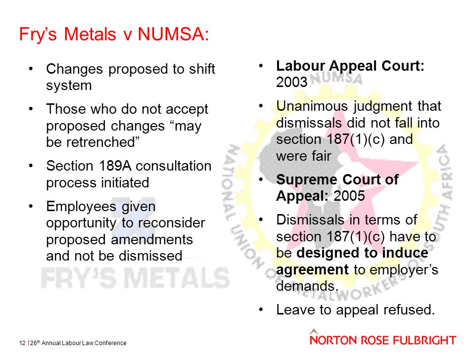 Fry’s Metals v NUMSA: 26 th Annual Labour Law Conference12 Labour Appeal Court: 2003 Unanimous judgment that dismissals did not fall into section 187(1)(c) and were fair Supreme Court of Appeal: 2005 Dismissals in terms of section 187(1)(c) have to be designed to induce agreement to employer’s demands.