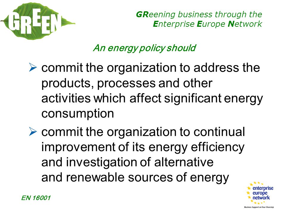 GReening business through the Enterprise Europe Network EN An energy policy should  commit the organization to address the products, processes and other activities which affect significant energy consumption  commit the organization to continual improvement of its energy efficiency and investigation of alternative and renewable sources of energy