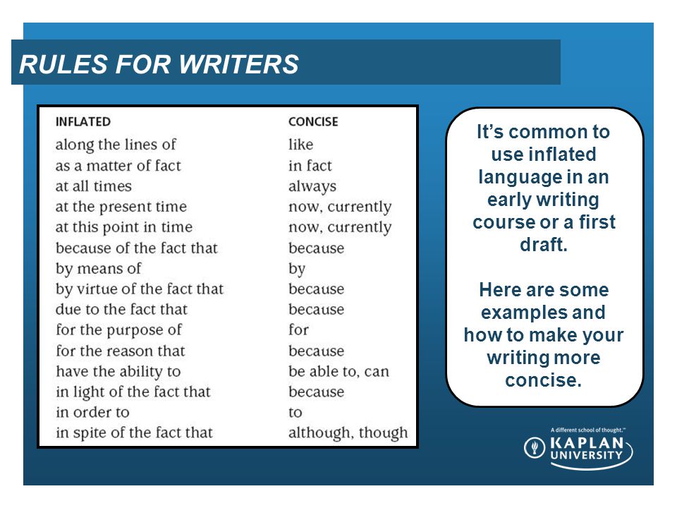 RULES FOR WRITERS It’s common to use inflated language in an early writing course or a first draft.