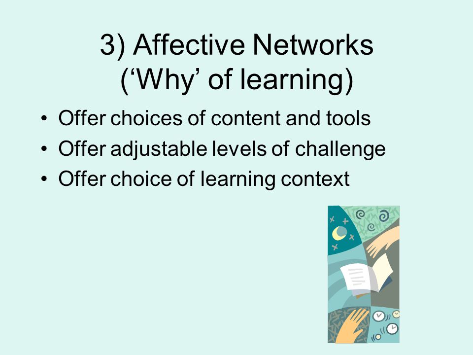 3) Affective Networks (‘Why’ of learning) Offer choices of content and tools Offer adjustable levels of challenge Offer choice of learning context