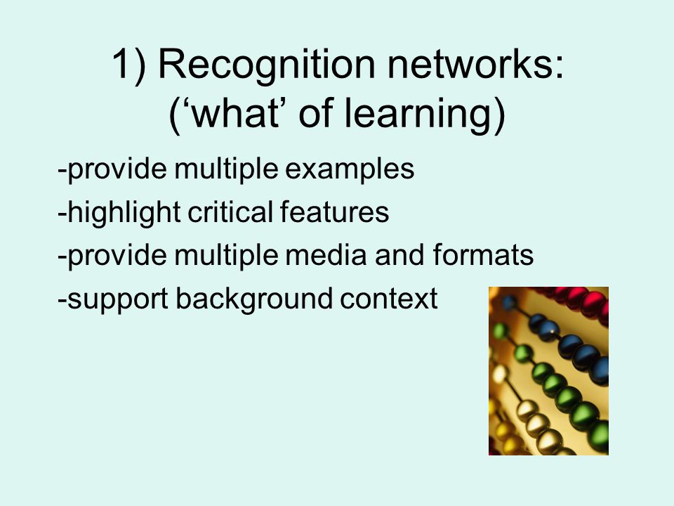 1) Recognition networks: (‘what’ of learning) -provide multiple examples -highlight critical features -provide multiple media and formats -support background context