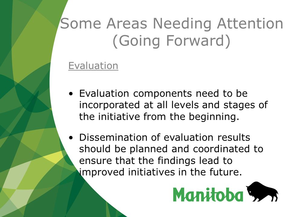 Some Areas Needing Attention (Going Forward) Evaluation Evaluation components need to be incorporated at all levels and stages of the initiative from the beginning.