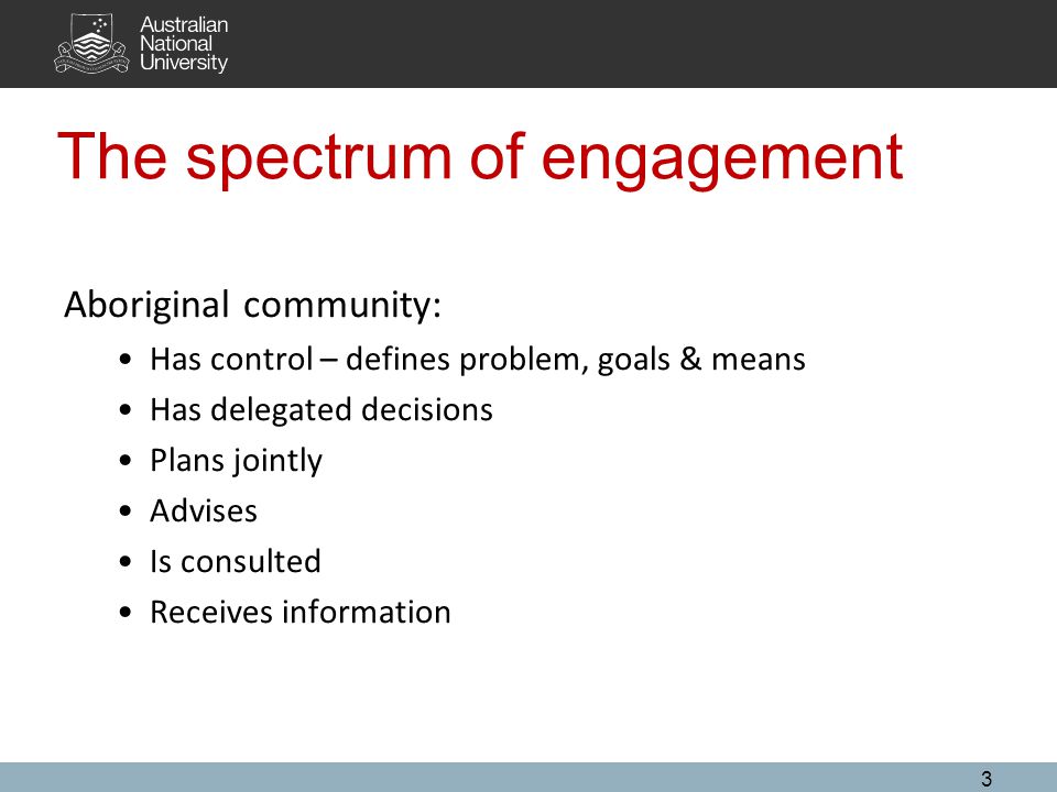 The spectrum of engagement 3 Aboriginal community: Has control – defines problem, goals & means Has delegated decisions Plans jointly Advises Is consulted Receives information