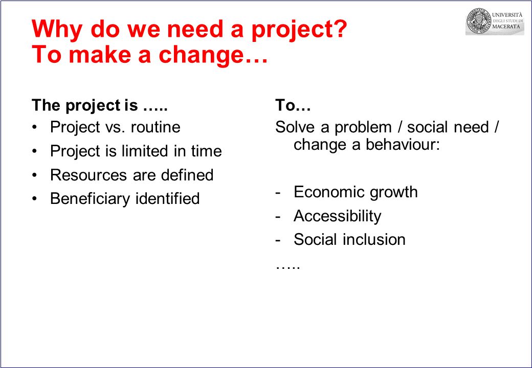 Why do we need a project. To make a change… The project is …..