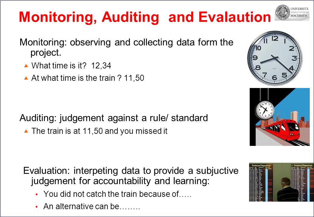 Monitoring, Auditing and Evalaution Monitoring: observing and collecting data form the project.