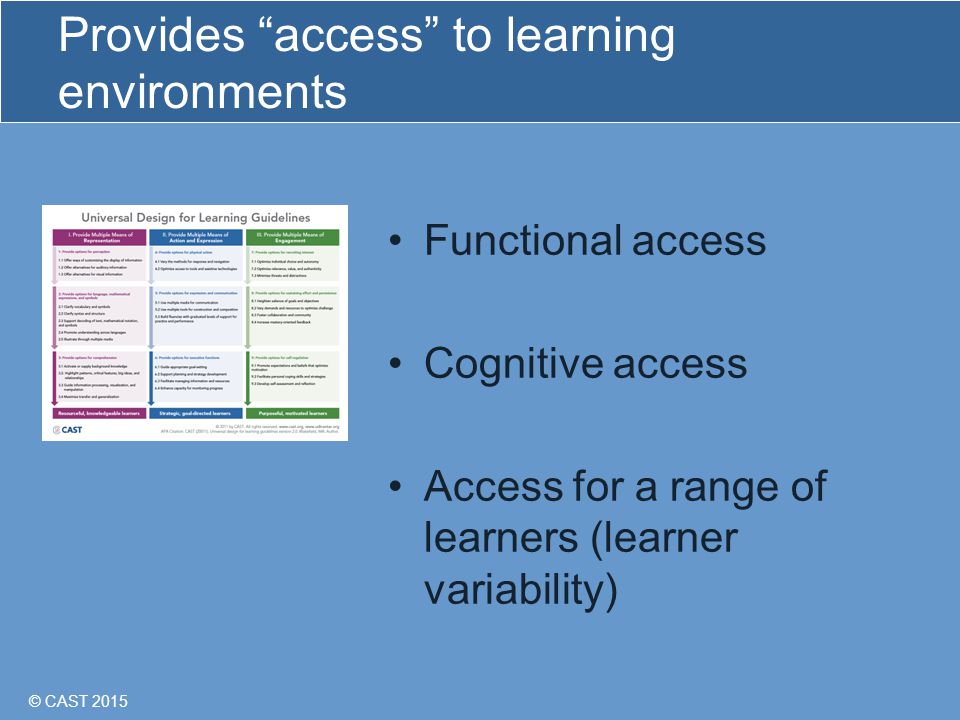 © CAST 2015 Provides access to learning environments Functional access Cognitive access Access for a range of learners (learner variability)