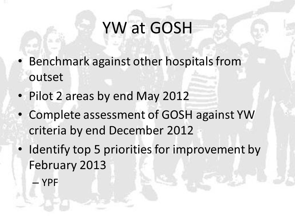 YW at GOSH Benchmark against other hospitals from outset Pilot 2 areas by end May 2012 Complete assessment of GOSH against YW criteria by end December 2012 Identify top 5 priorities for improvement by February 2013 – YPF