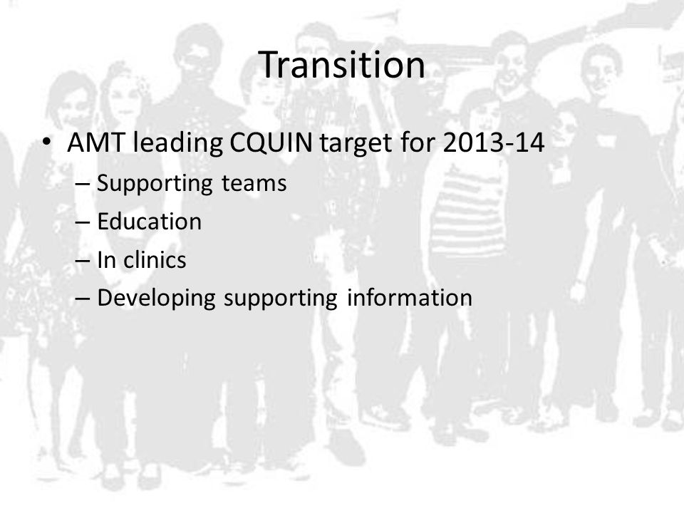 Transition AMT leading CQUIN target for – Supporting teams – Education – In clinics – Developing supporting information