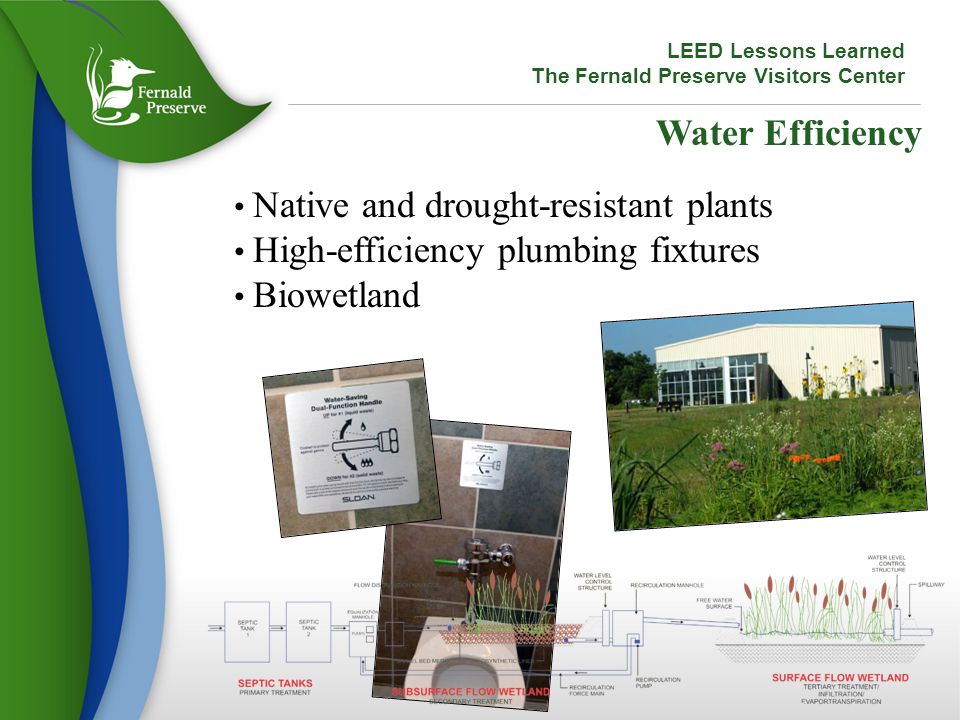 Water Efficiency Native and drought-resistant plants High-efficiency plumbing fixtures Biowetland LEED Lessons Learned The Fernald Preserve Visitors Center