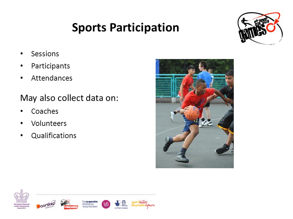 Sports Participation Sessions Participants Attendances May also collect data on: Coaches Volunteers Qualifications