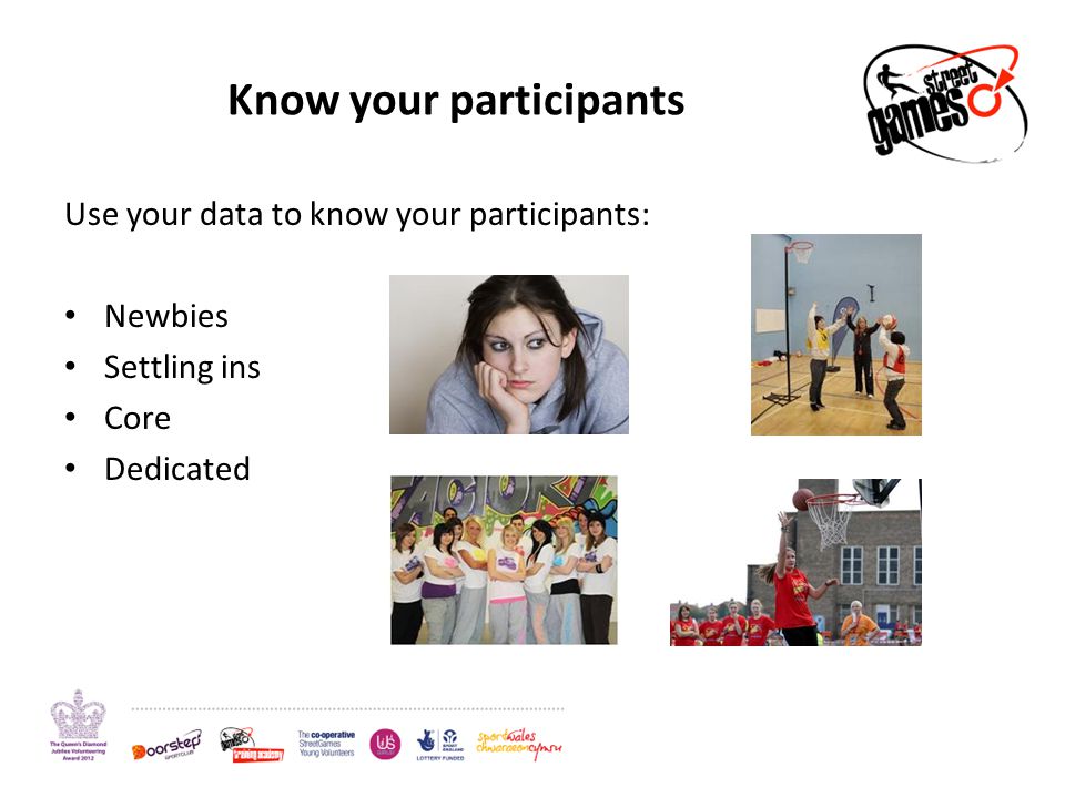Know your participants Use your data to know your participants: Newbies Settling ins Core Dedicated
