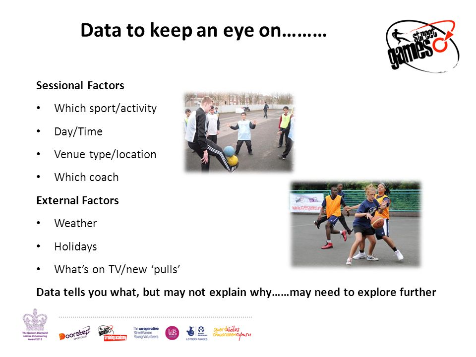 Sessional Factors Which sport/activity Day/Time Venue type/location Which coach External Factors Weather Holidays What’s on TV/new ‘pulls’ Data tells you what, but may not explain why……may need to explore further Data to keep an eye on………