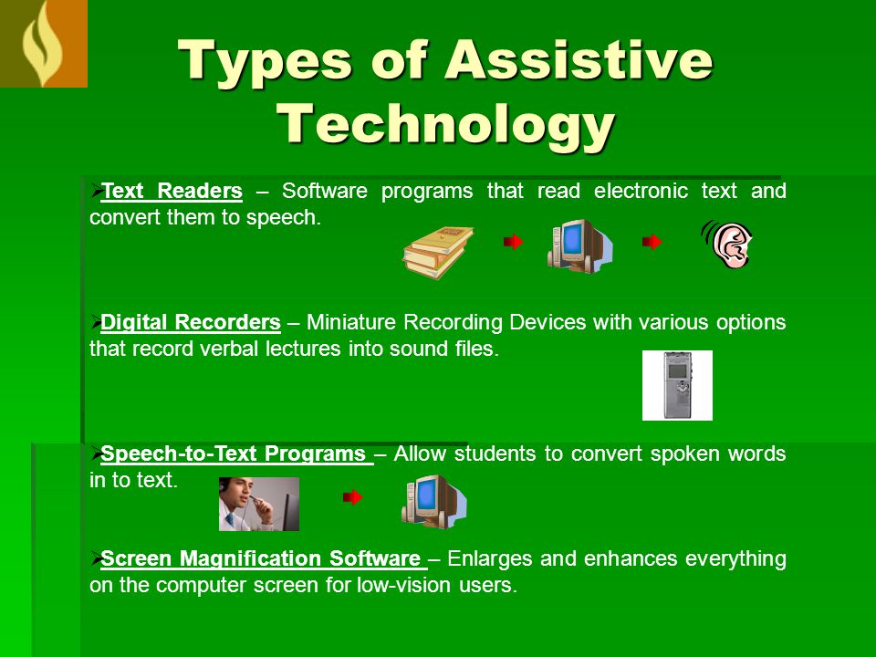 Types of Assistive Technology  Text Readers – Software programs that read electronic text and convert them to speech.