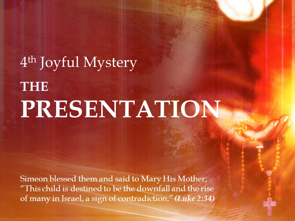 4 th Joyful Mystery THE PRESENTATION Simeon blessed them and said to Mary His Mother; This child is destined to be the downfall and the rise of many in Israel, a sign of contradiction. (Luke 2:34)