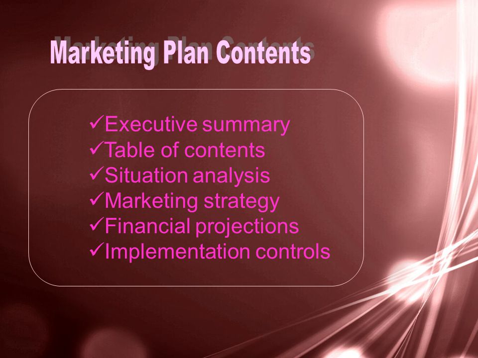 Executive summary Table of contents Situation analysis Marketing strategy Financial projections Implementation controls